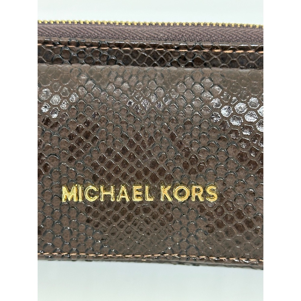 Michael Kors Wallet Brown Snake Embossed Zip Around Continental Clutch Women - Picture 2 of 9